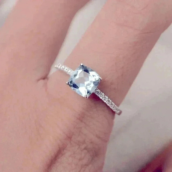 New 14k Gold Over Silver Aquamarine Diamond Ring - Picture 1 of 2